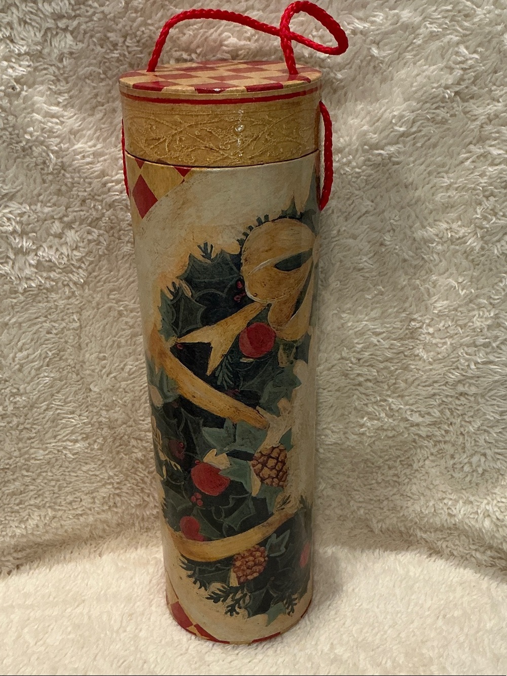 Hand-Painted Holiday Wine Bottle Gift Box - Holly & Ribbon Design